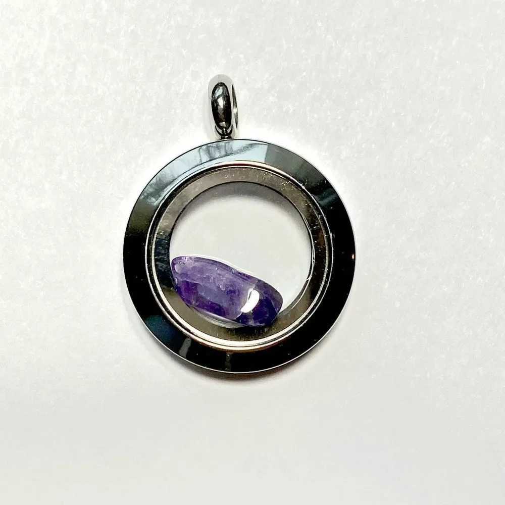 Round Silver tone Twist Screw Stainless Steel Floating Locket Pendant. - Picture 2 of 4